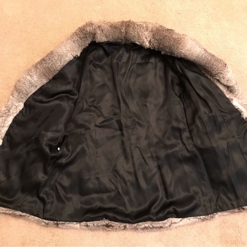 Womens Fur Coat Jacket Size 46 Medium Grey Rabbit Pockets Hook Closure Flaw - Picture 6 of 16